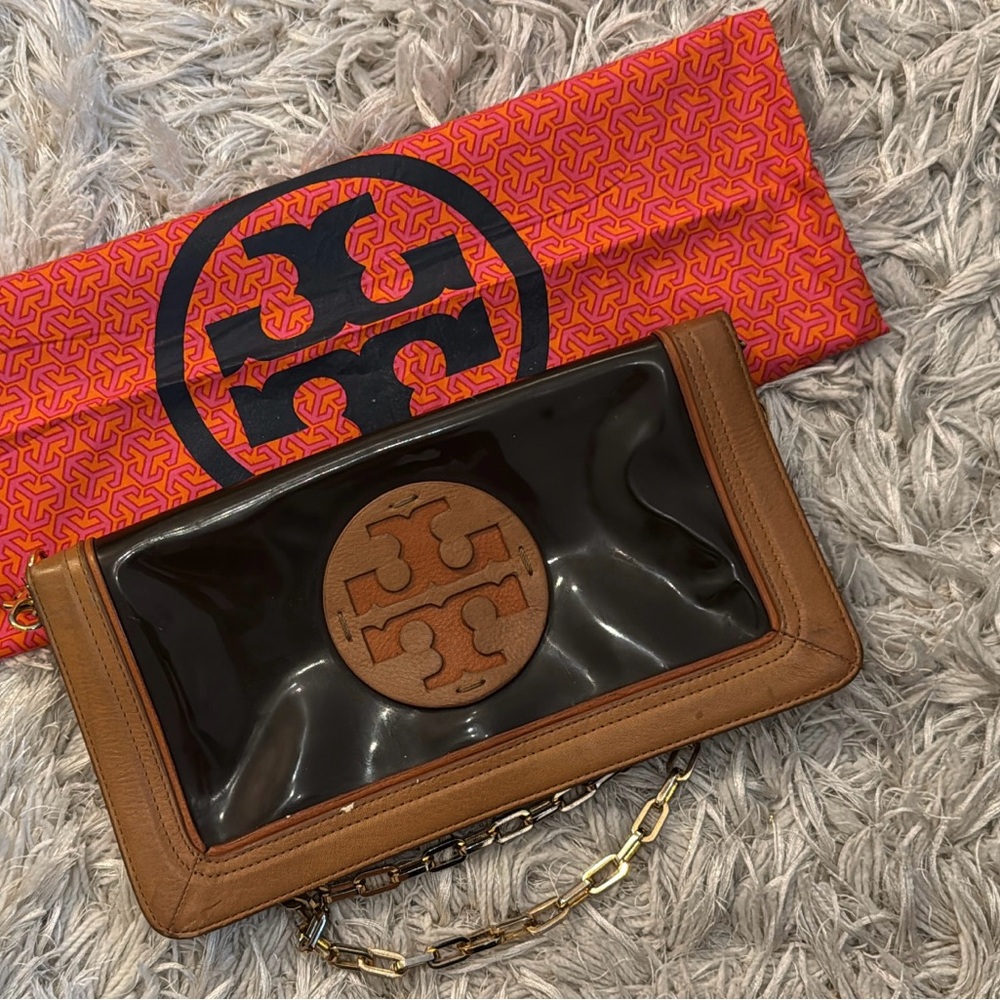 Tory Burch Black and Tan Clutch with Logo